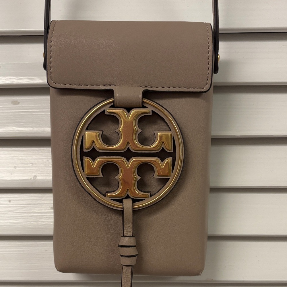 Tory Burch Miller Leather Taupe Crossbody Phone Purse - like new!